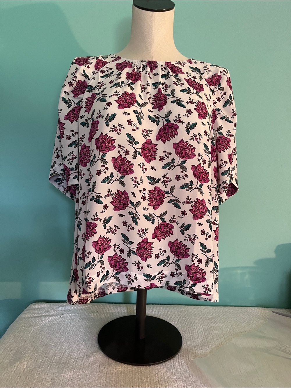 LOFT White Blouse with Pink Floral Print